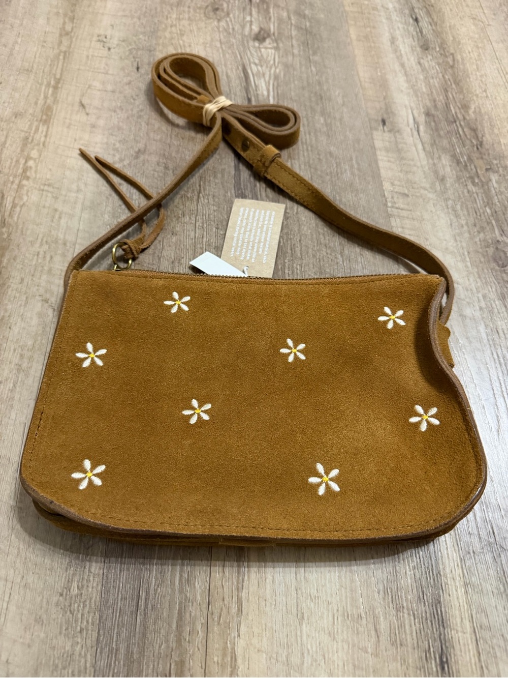 Madewell Tan Suede Crossbody with White Daisy Embroidery
